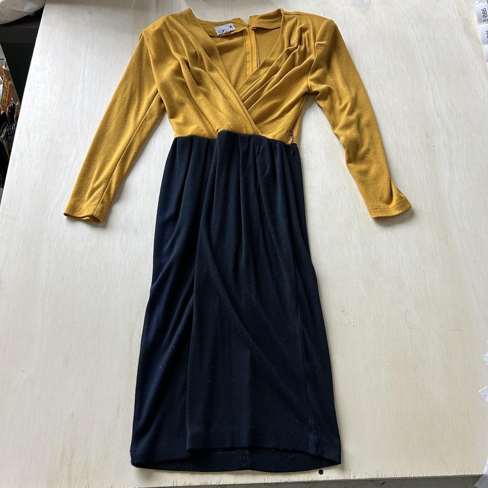 Scarlett Dress Womens Small Yellow Black Colorblock Wrap Midi Long Sleeve‎ Knit